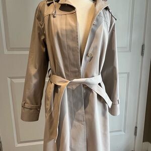 London Fog Tan Trench Coat w belt, removable hat. 44” from the shoulder down